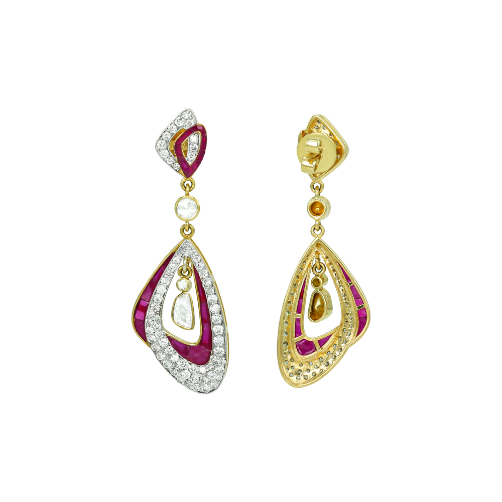 Ruby Colourstone Inlay Drop Earrings with Polki Center and Diamond Accents